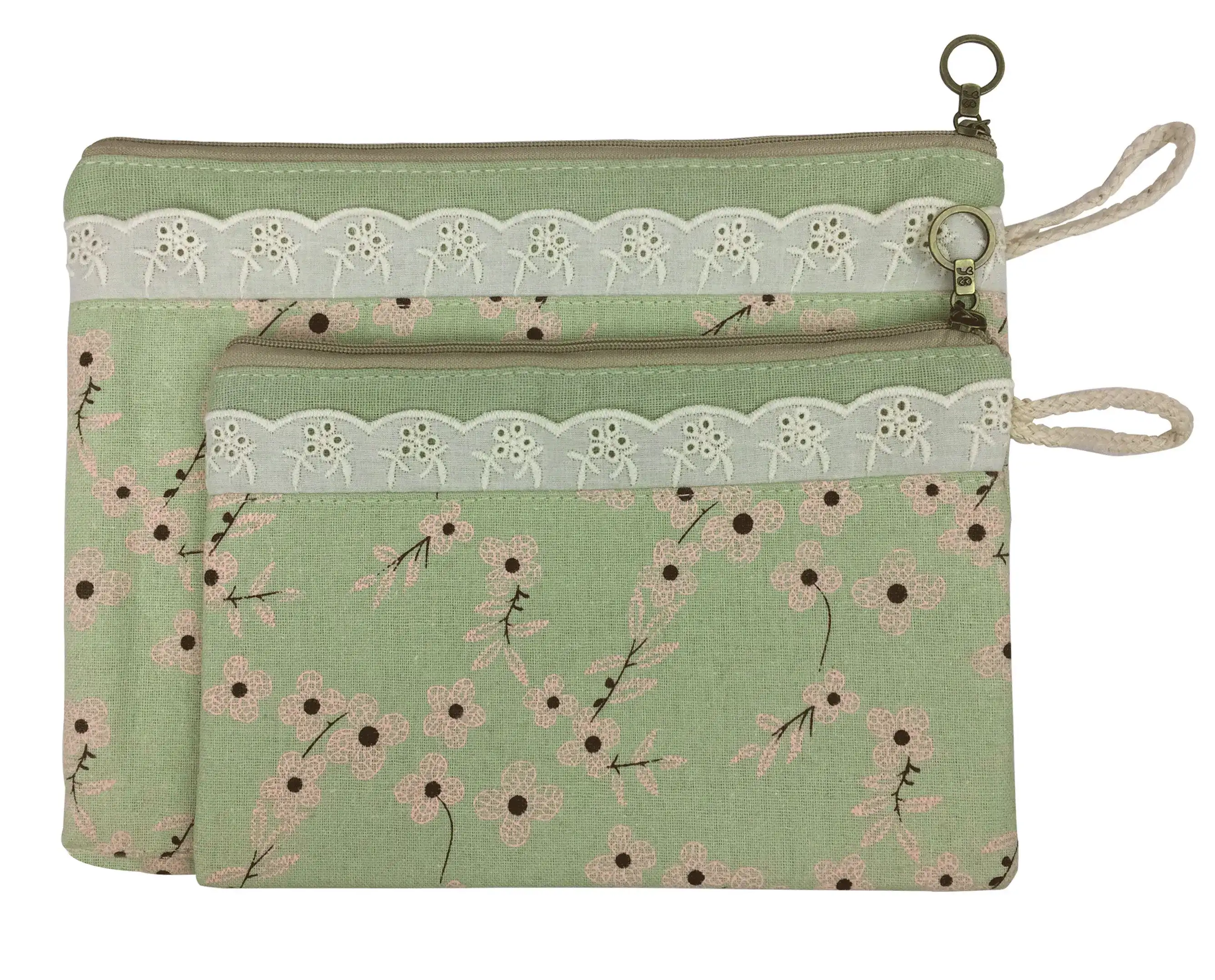 Bag of Small Things Fabric Multipurpose Green Floral Travel Pouch - Set of 2