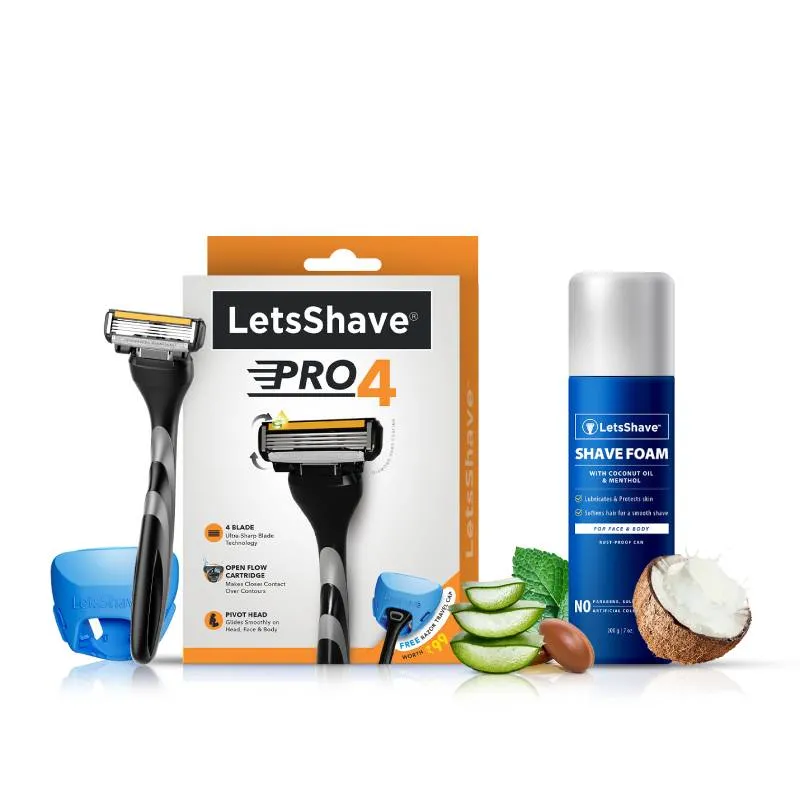 LetsShave Pro 4 Trial Shaving Kit (Green) with 1 Razor + Shaving foam + Razor Cap