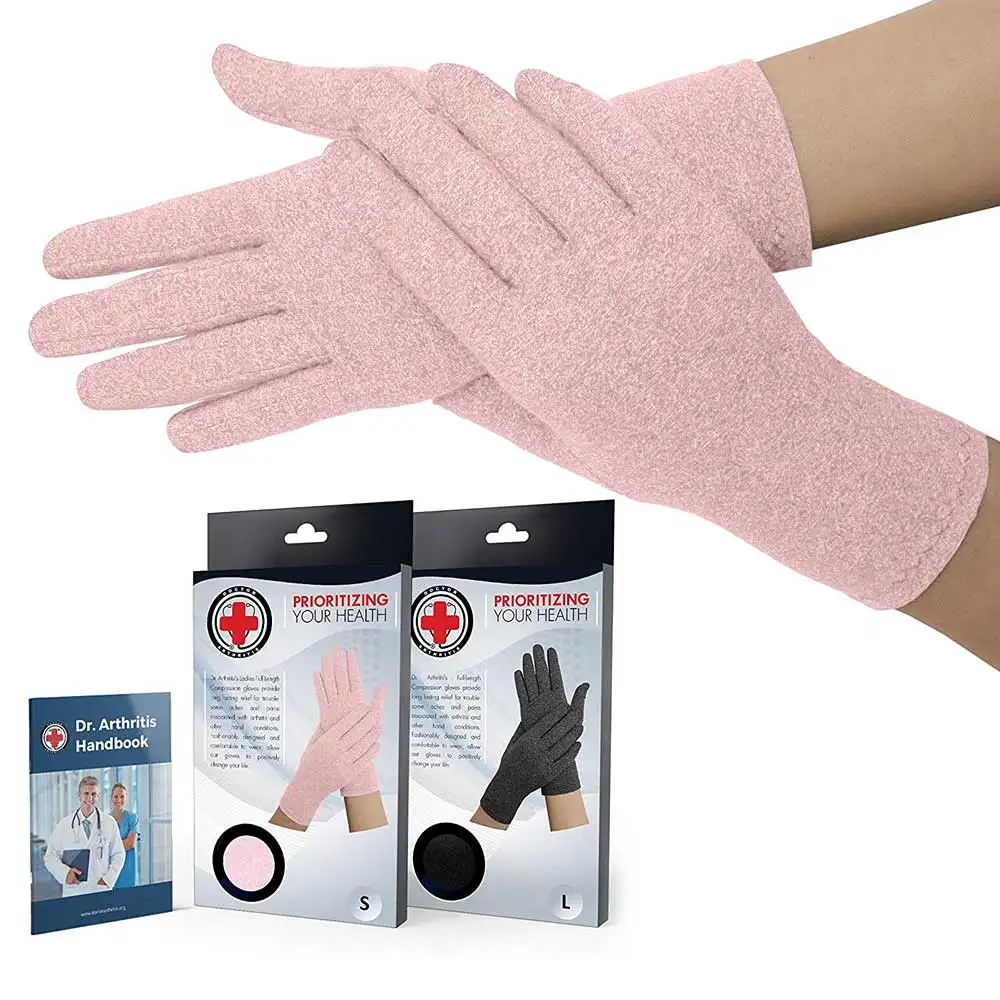 Dr. Arthritis Developed Full Fingered Compression Gloves,  Pink with Hand Book (Pair)  Large