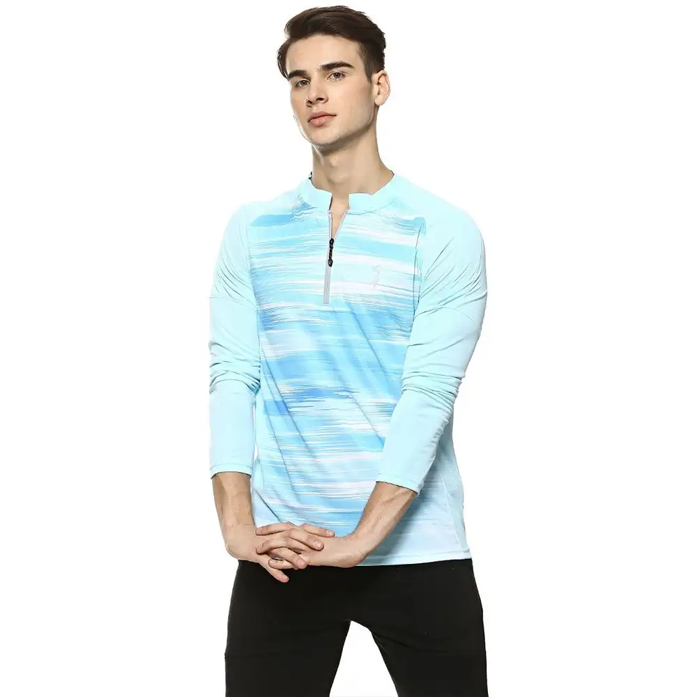 Campus Sutra Graphic Print Men Mandarin Collar T Shirt,  Sea Blue  Small