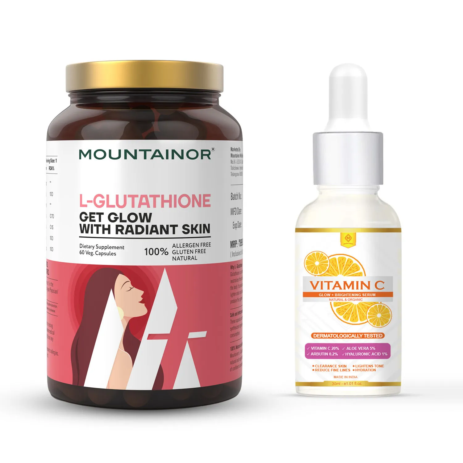 MOUNTAINOR L-Glutathione Capsules + Vitamin C Serum (30ml) For Lighting & Glowing Skin