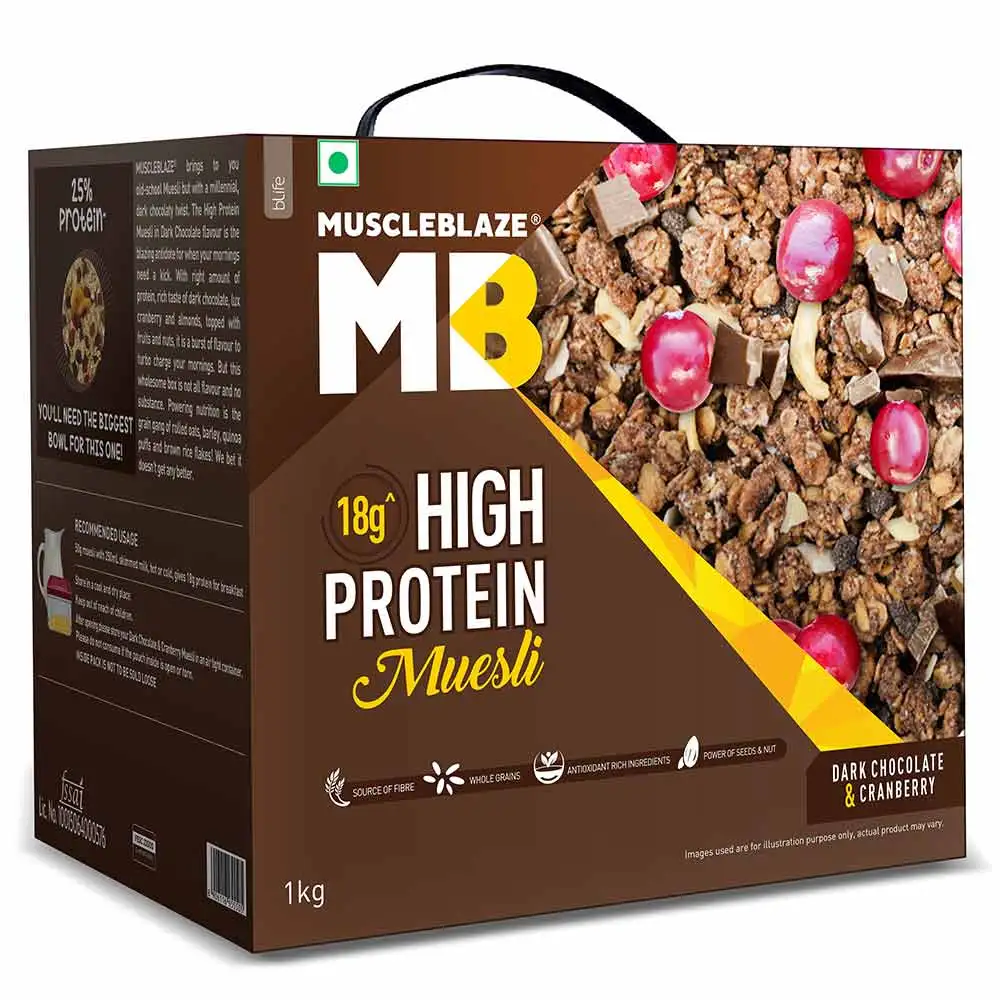 MuscleBlaze High Protein Muesli OP,  1 kg  Dark Chocolate & Cranberry (Mono-Carton Pack)