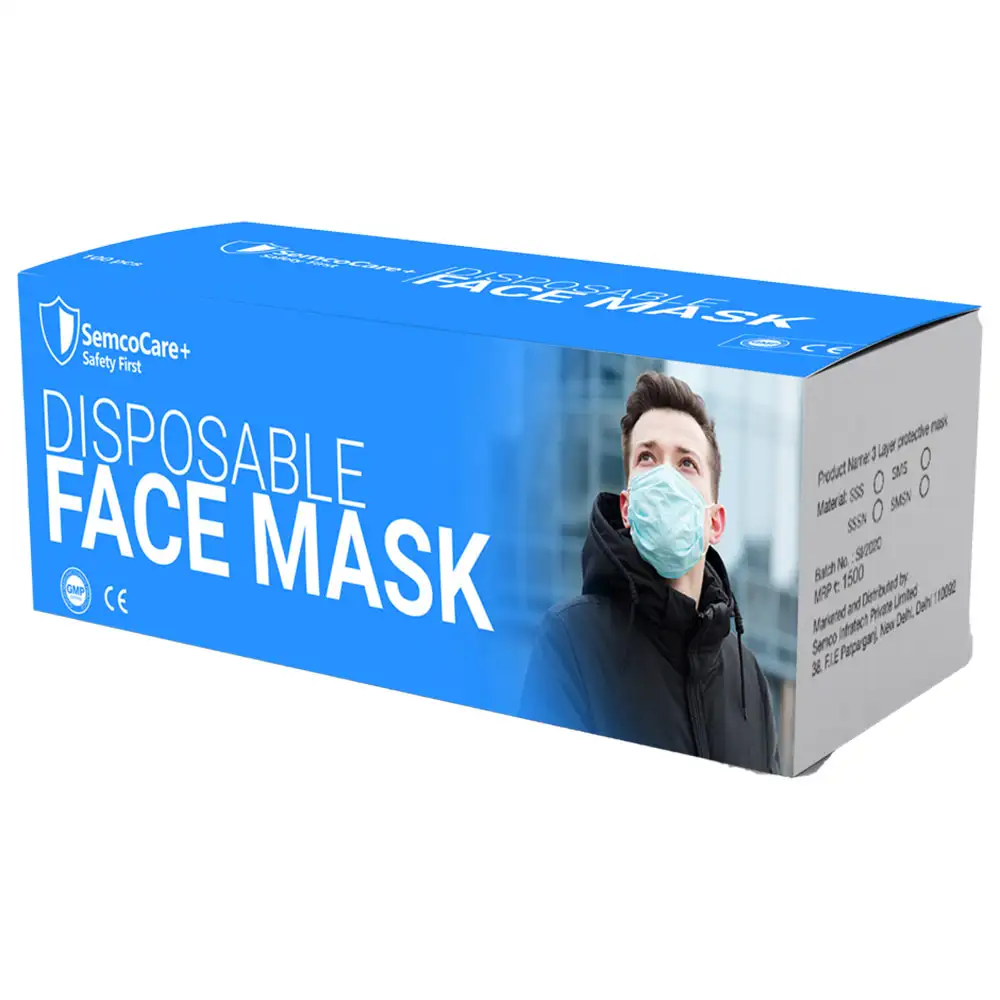 SemcoCare+ 3 Layer Disposable Mask,  Blue (Pack of 50)