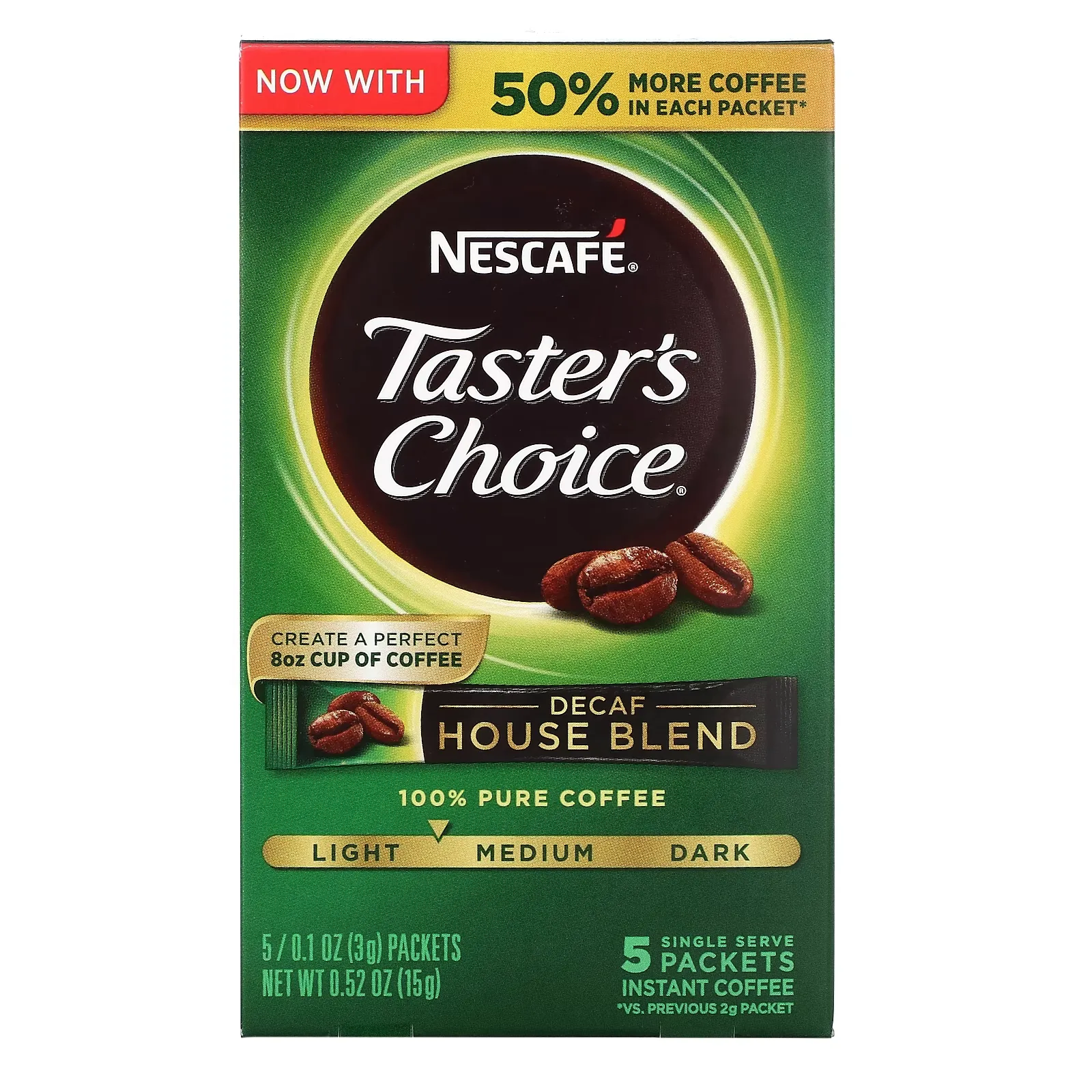 Taster's Choice, Instant Coffee, House Blend, Light/Medium Roast, Decaf, 5 Packets, 0.1 oz (3 g) Each