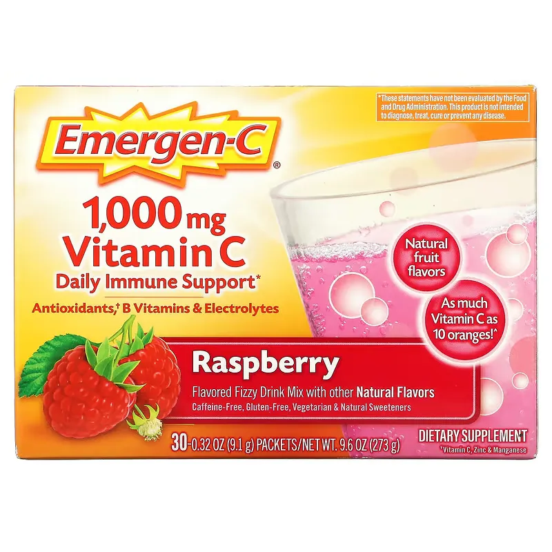 Vitamin C, Flavored Fizzy Drink Mix, Raspberry, 1,000 mg, 30 Packets, 0.32 oz (9.1 g) Each