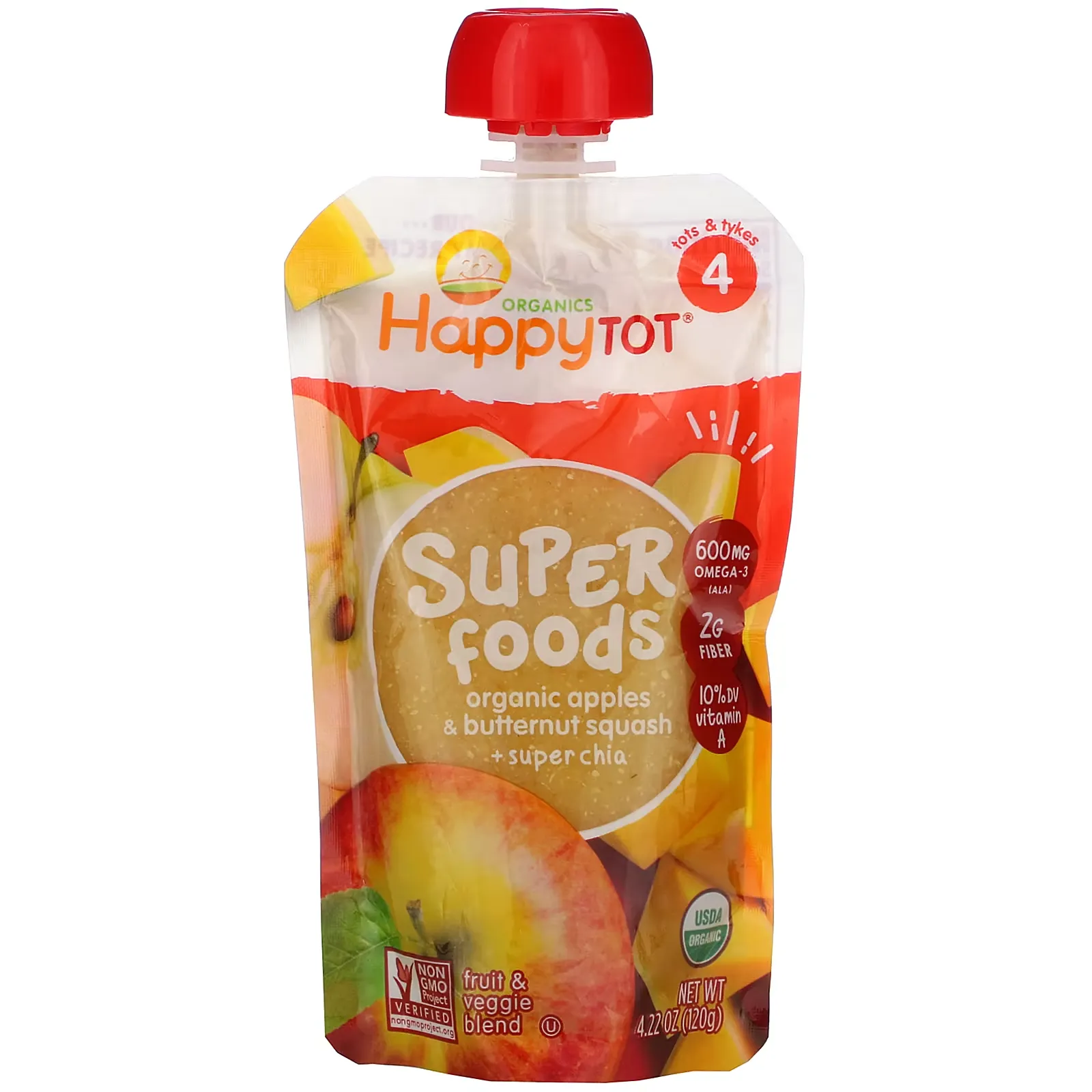 Happy Tot, Superfoods,  Stage 4, Organic Apples & Butternut Squash + Super Chia, 4.22 oz (120 g)