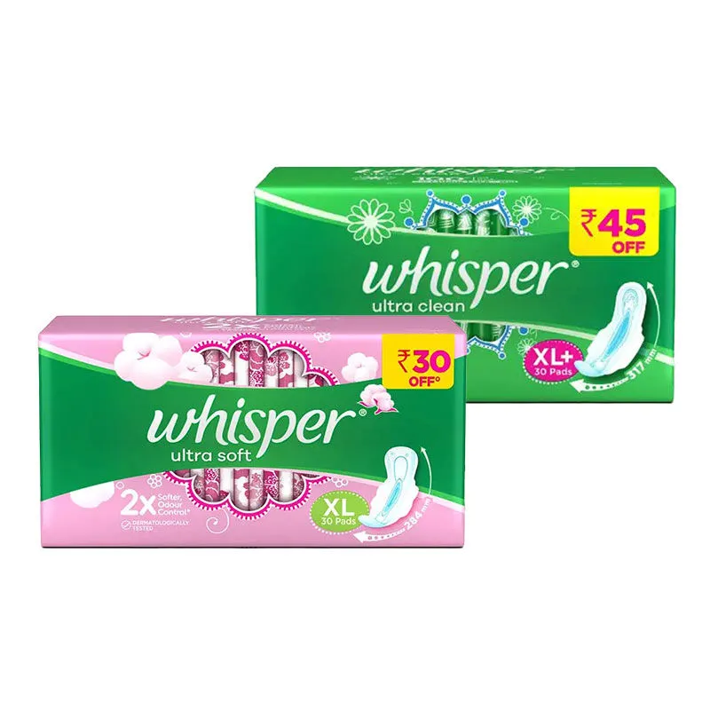 Whisper Ultra Soft XL (30 Pcs) & Ultra Clean XL+ (30 Pcs) Sanitary Pads Combo