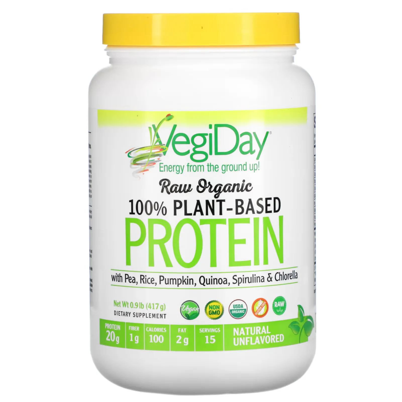 Raw Organic 100% Plant-Based Protein, Natural Unflavored, 0.9 lb (417 g)