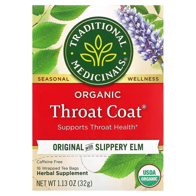 Organic Throat Coat, Original with Slippery Elm, Caffeine Free, 16 Wrapped Tea Bags, 0.07 oz (2 g) Each