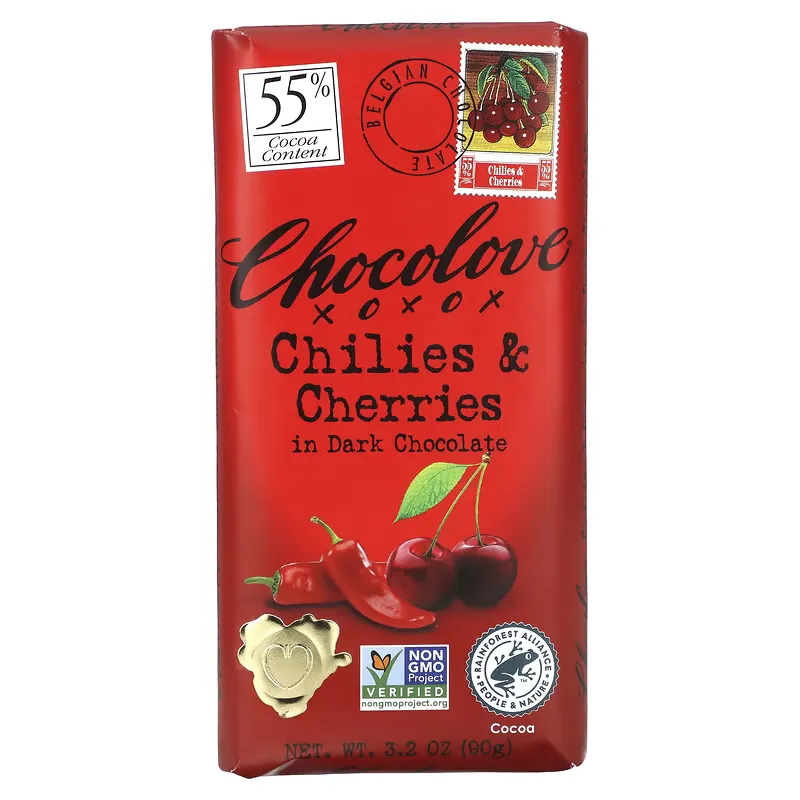 Chilies & Cherries in Dark Chocolate, 55% Cacao, 3.2 oz (90 g)