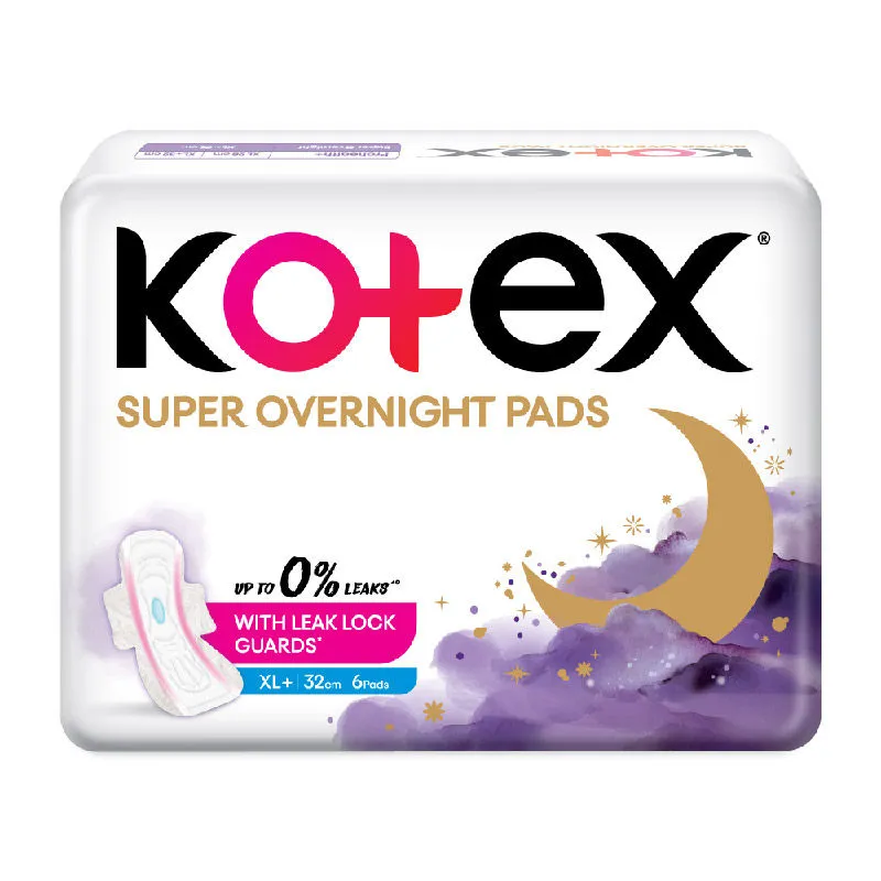 Kotex Super Overnight Sanitary Pads For Women - Xl+ 6 Night Pads With Leak Lock Guards