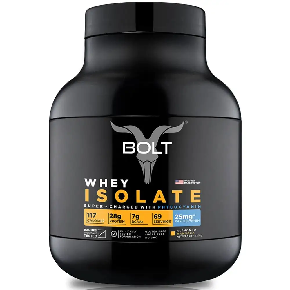 Bolt Whey Isolate Super-Charged With Phycocyanin,  5 lb  Alphonso Mangoza