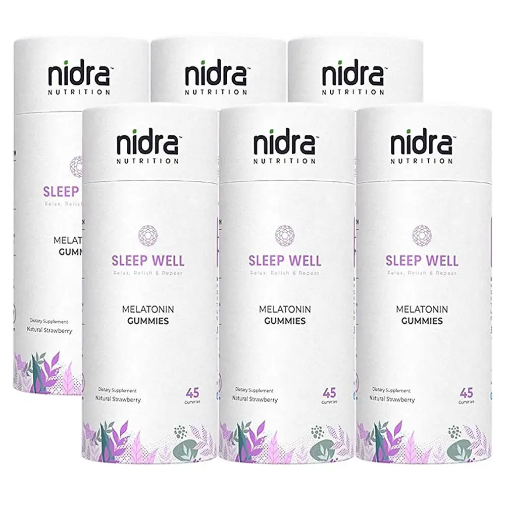 Nidra Nutrition Sleep Well Melatonin,  45 gummies  Strawberry (Pack of 6)