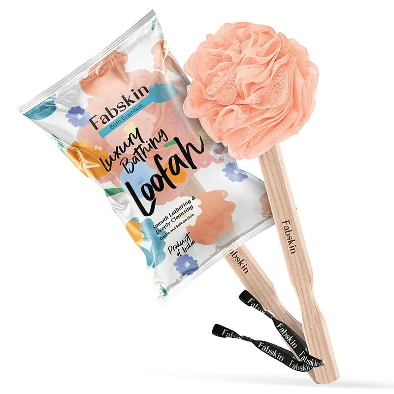 Fabskin Bath Brush Loofah For Men & Women With Wooden Handle Peach