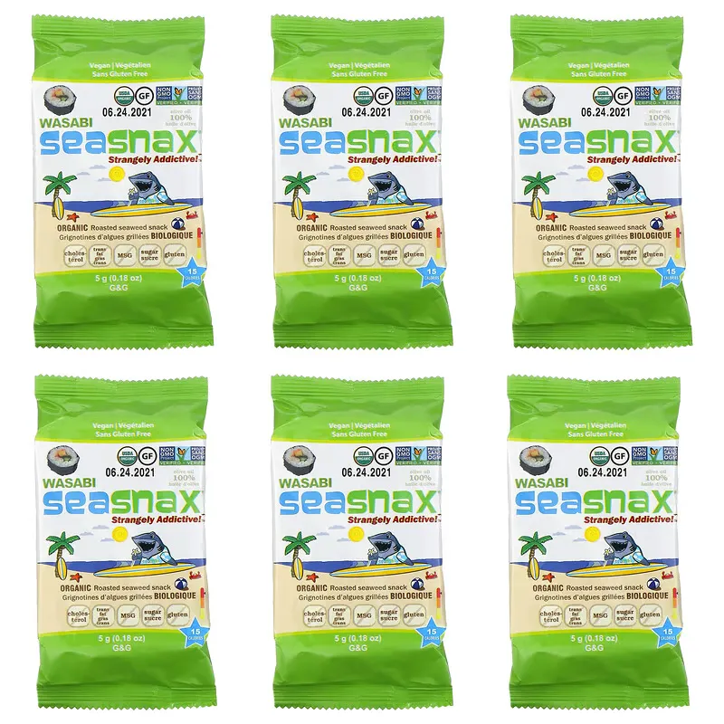 Grab & Go, Premium Roasted Seaweed Snack, Wasabi, 6 Pack, 0.18 oz (5 g) Each