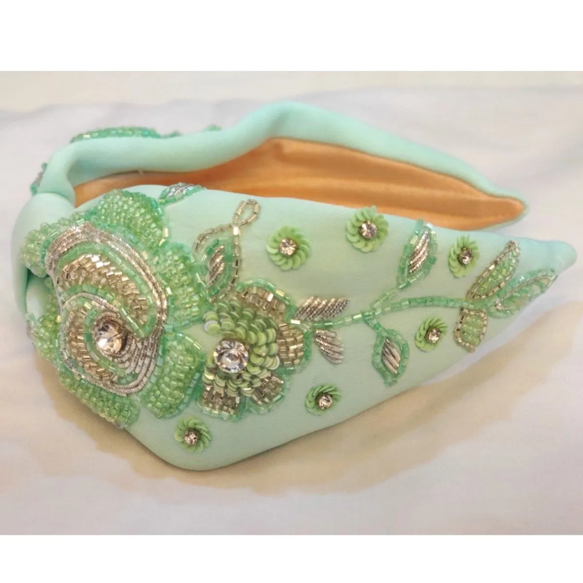 YoungWildFree Light Green Emebellished Hairband With Beads Intricate Embroidery