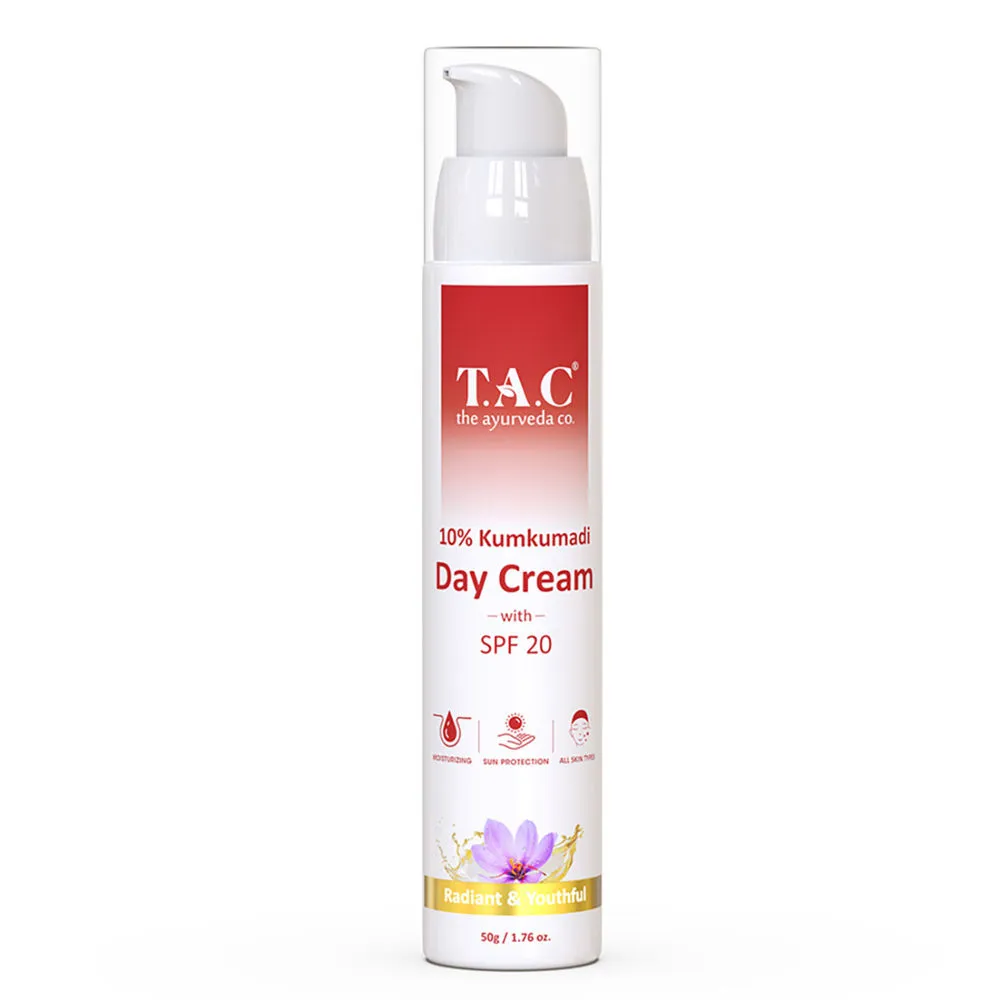 TAC - The Ayurveda Co. 10% Kumkumadi Day Cream Moisturizer With Saffron, SPF 20 for Glowing Skin