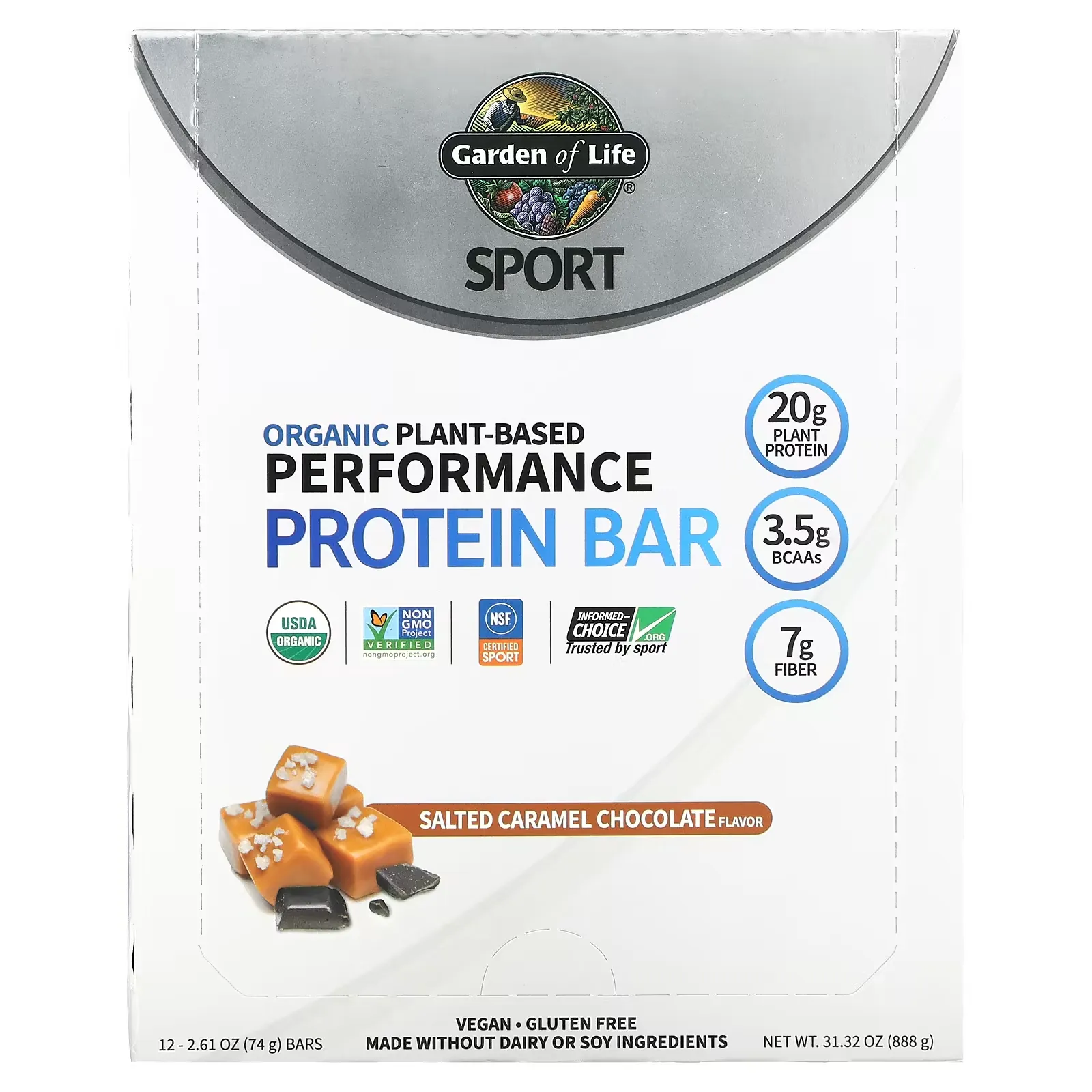 Sport, Organic Plant-Based Performance Protein Bar, Salted Caramel Chocolate, 12 Bars, 2.61 oz (74 g) Each