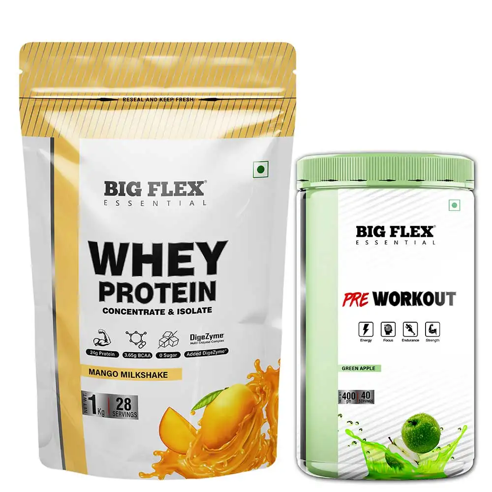 Big Flex Essential Whey Protein Concentrate & Isolate,  2.2 lb  Mango Milk Shake with Bigflex Essential Pre-Workout Green Apple 400g