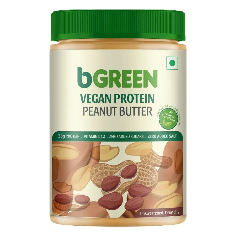 bGREEN by HealthKart Vegan Protein Peanut Butter, 38 g Protein, Unsweetened, Crunchy