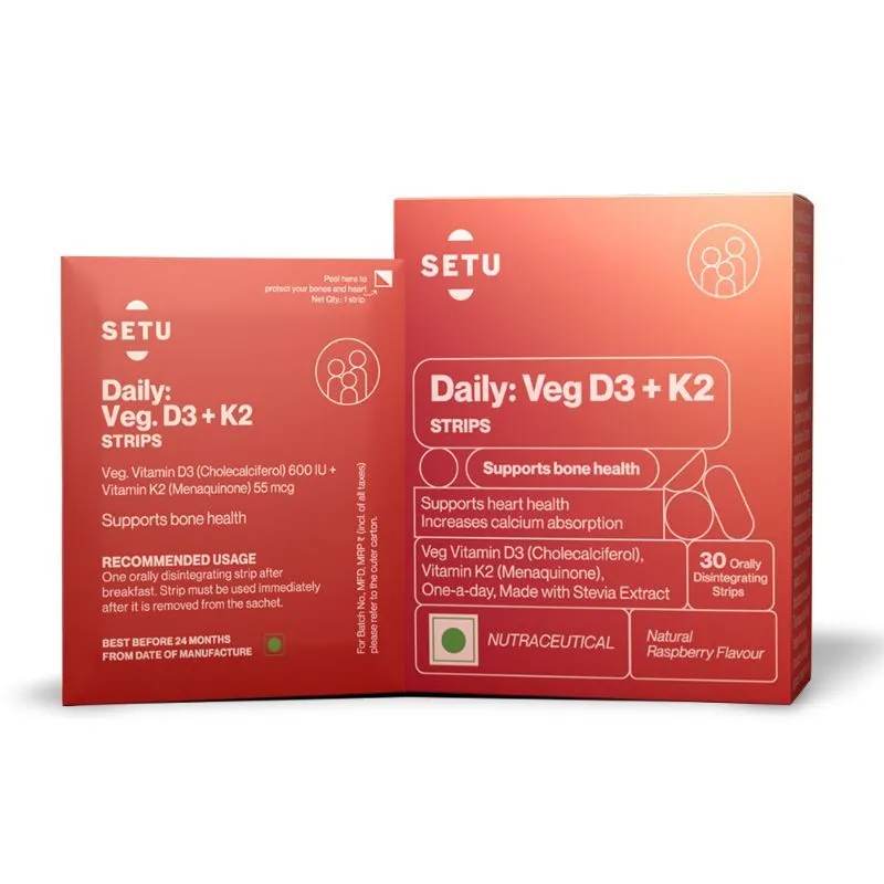 Setu Daily: Veg D3+k2 Strips - Plant Based Supplement For Bone Health - Raspberry Flavour