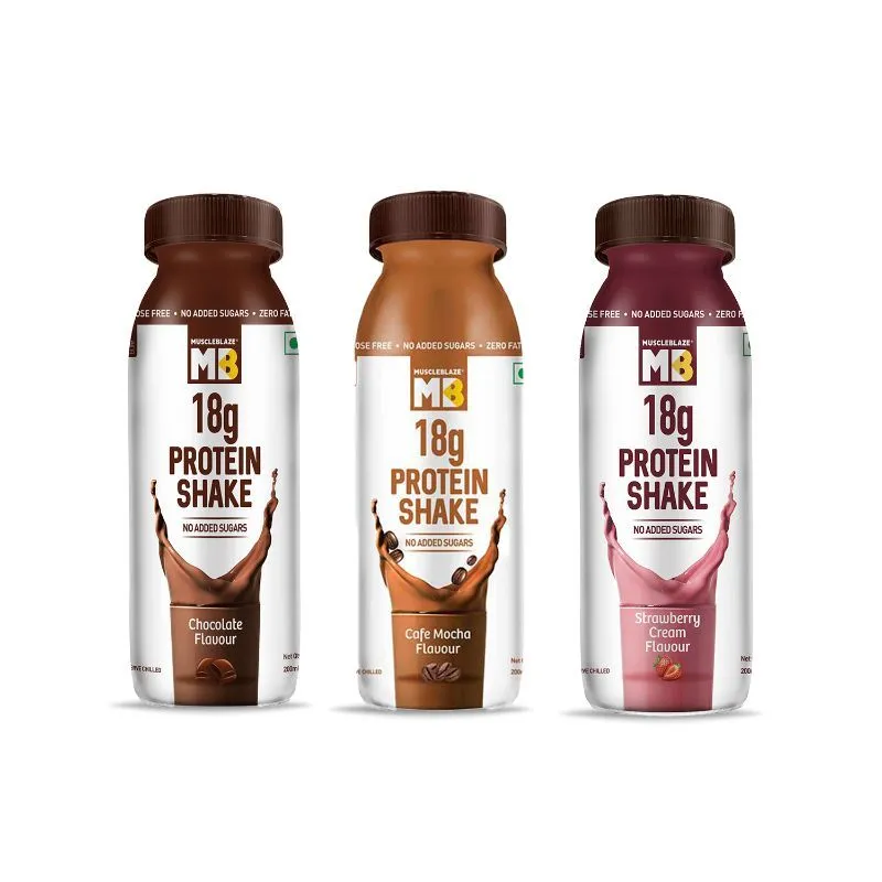 MuscleBlaze 18 G Protein Shake Lactose Free Cafe Mocha + Chocolate + Strawberry Cream - Pack Of 12