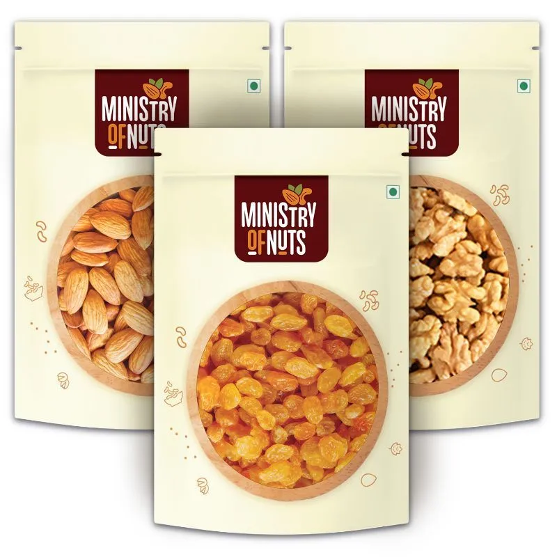 Ministry of Nuts Premium Dry Fruits - Pack Of 3 - Almonds, Raisins & Walnuts