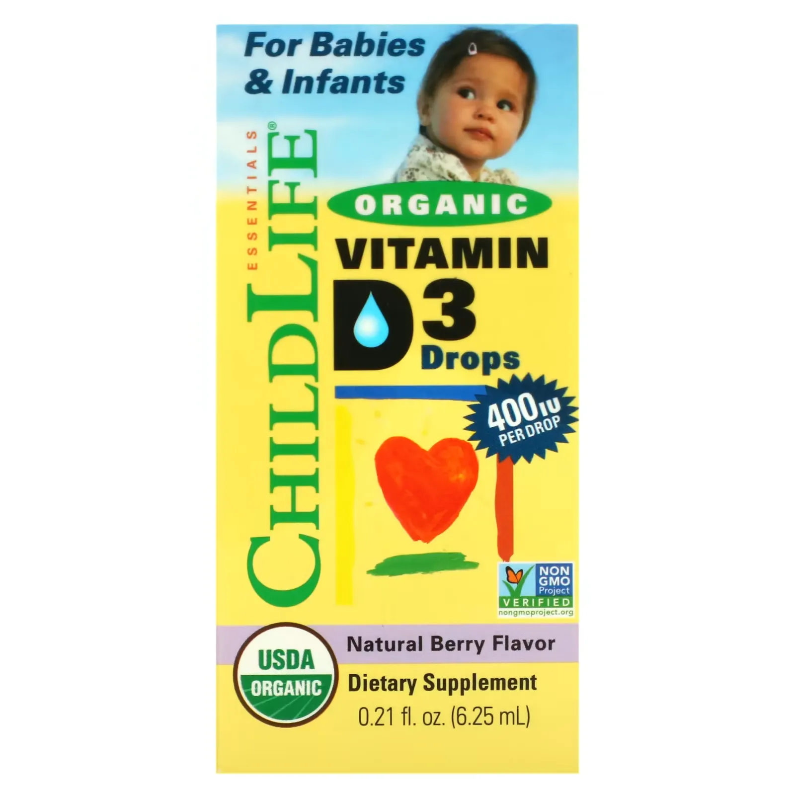 Organic Vitamin D3 Drops, Natural Berry, 400 IU, 0.21 fl oz (6.25 ml)