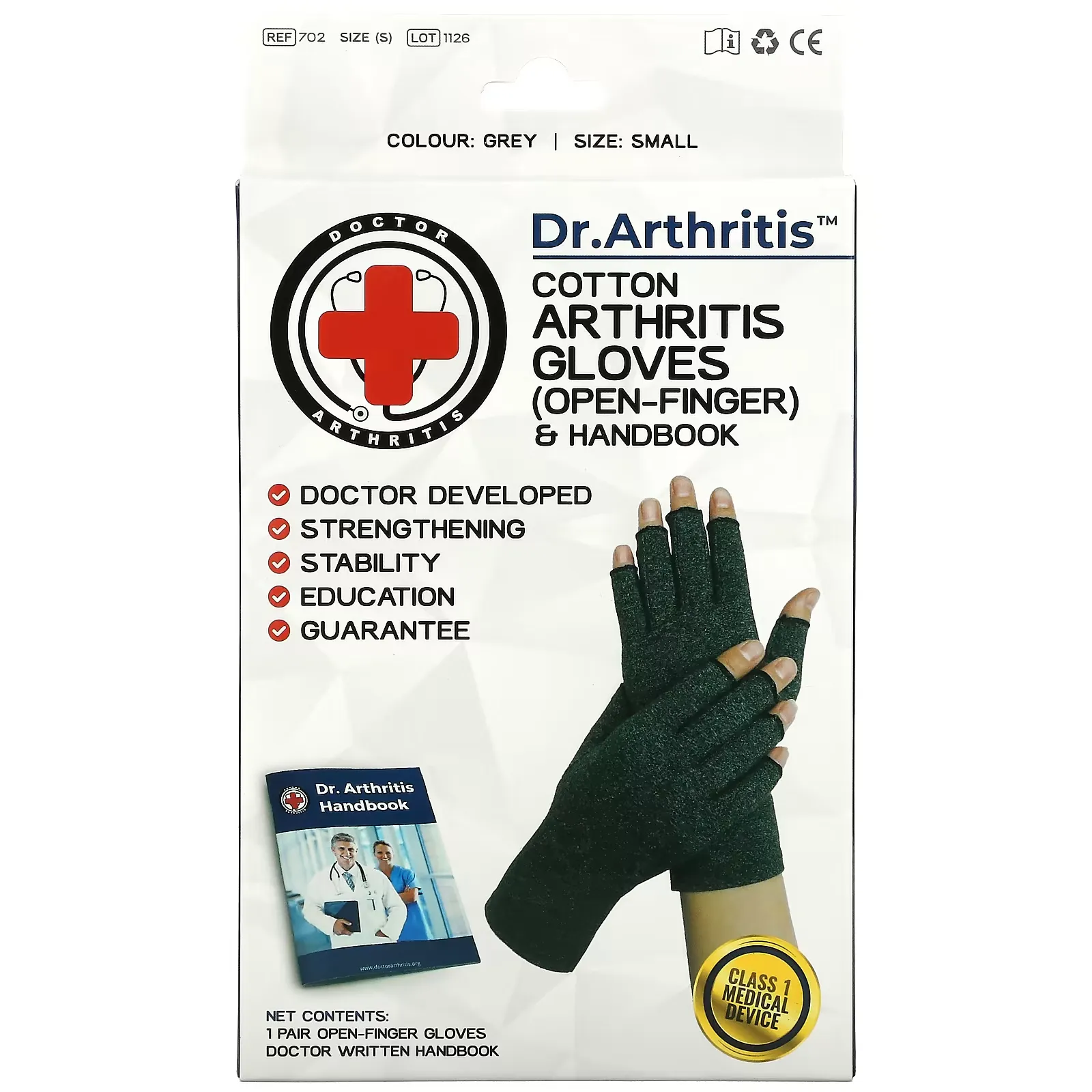 Cotton Open-Finger Arthritis Gloves & Handbook, Small, Grey, 1 Pair