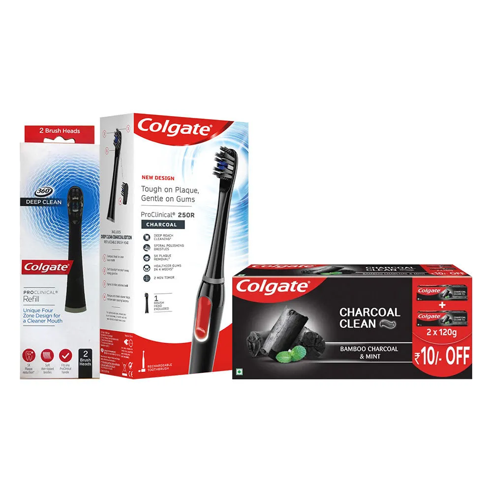 Colgate ProClinical 250R Charcoal Electric Toothbrush with 2 Refills Charcoal Clean Toothpaste