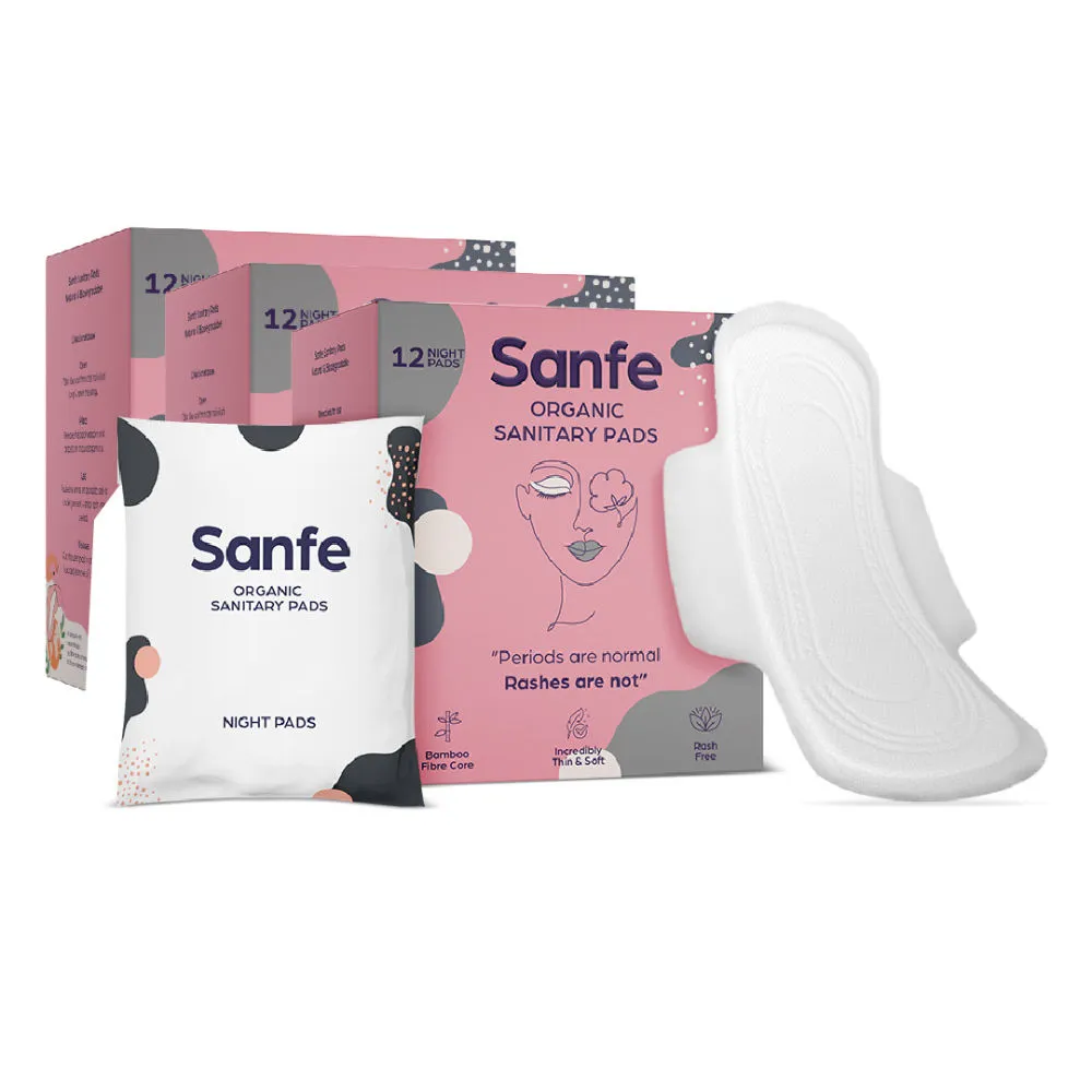 Sanfe Organic Biodegradable Cotton Ultra Thin Ragular Sanitary Pads Night - 36 Pcs