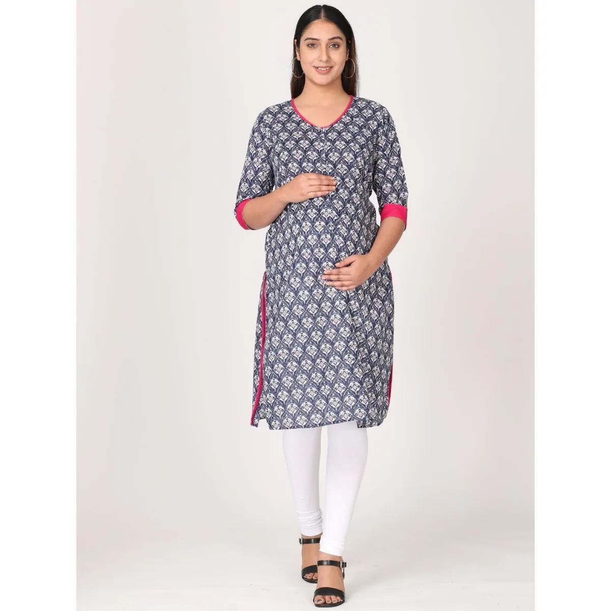 Morph Maternity Feeding Kurta With Vertical Nursing - Navy Blue