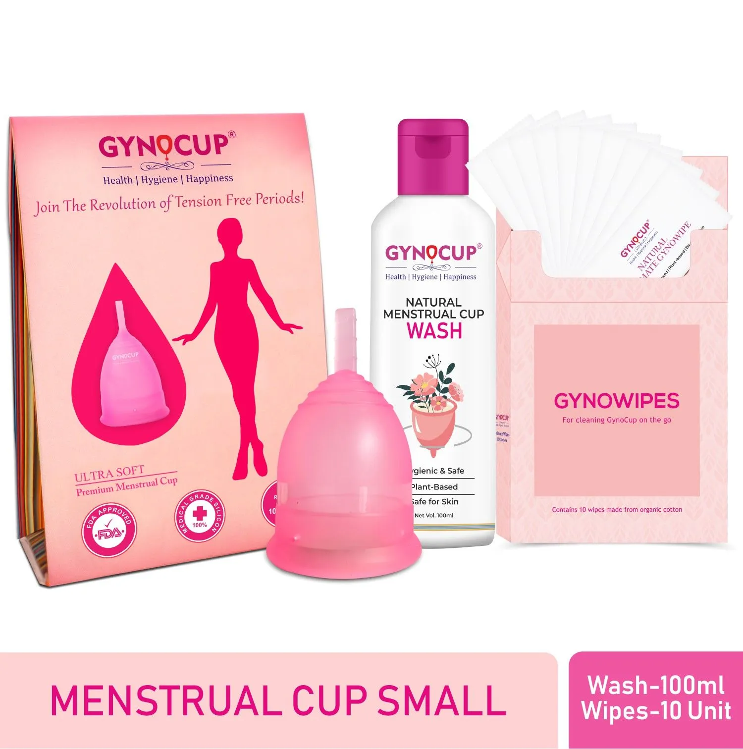 GynoCup Menstrual Cup, Menstrual CupWash and Intimate Wipes Combo (Small)