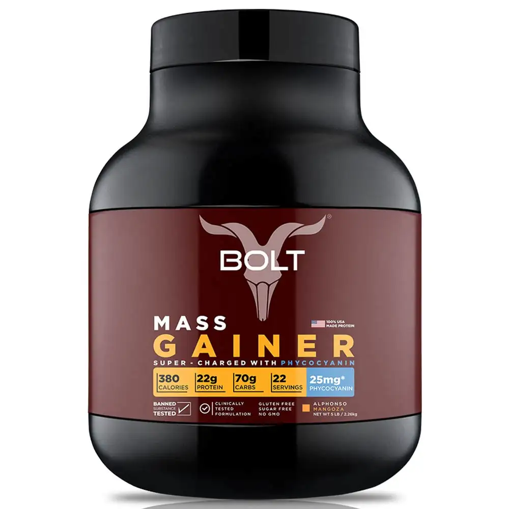 Bolt Mass Gainer Super-Charged With Phycocyanin,  5 lb  Alphonso Mangoza