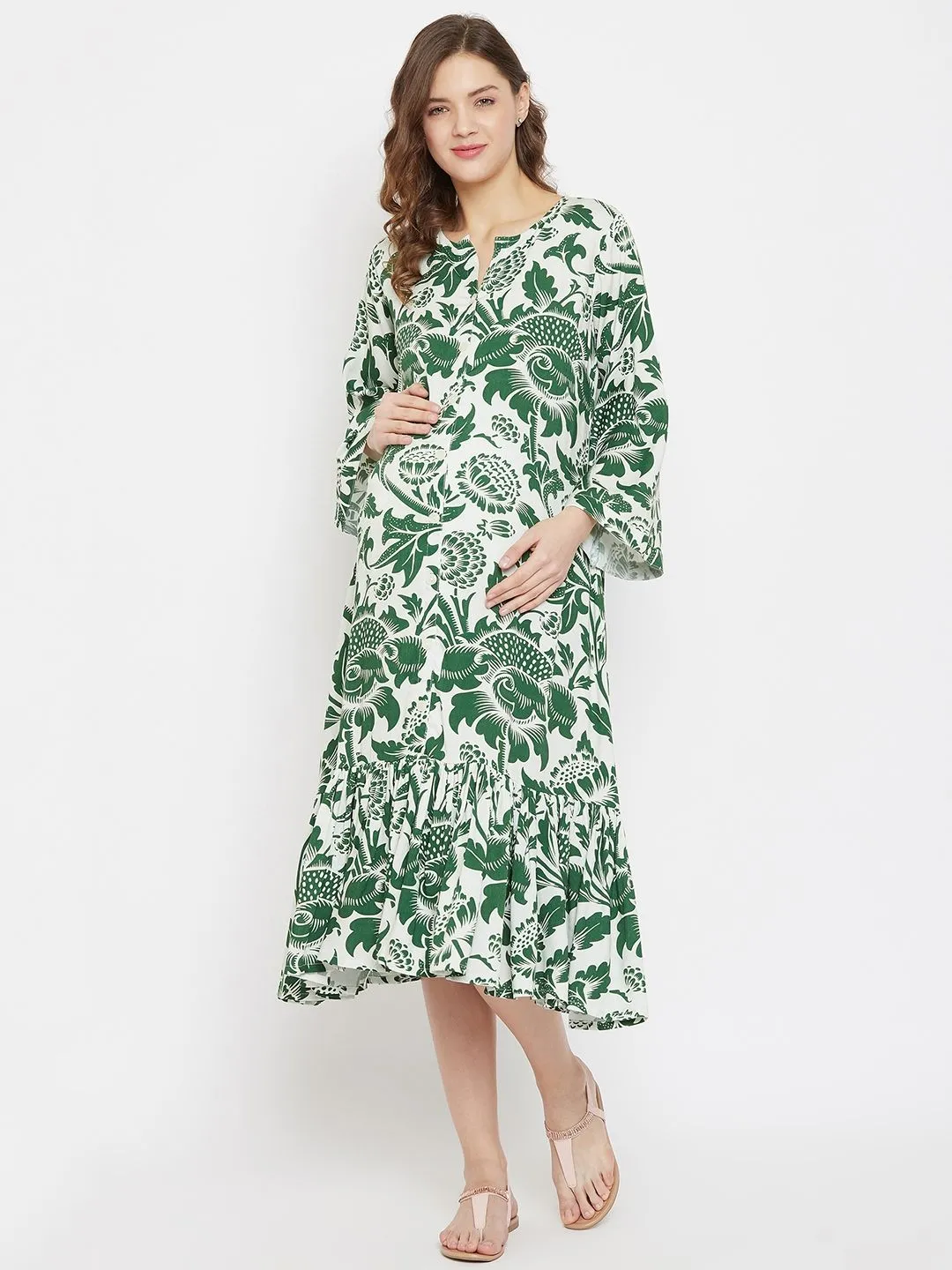 The Kaftan Company Printed Midi Length Maternity And Feeding Dress With Ruffles - Green