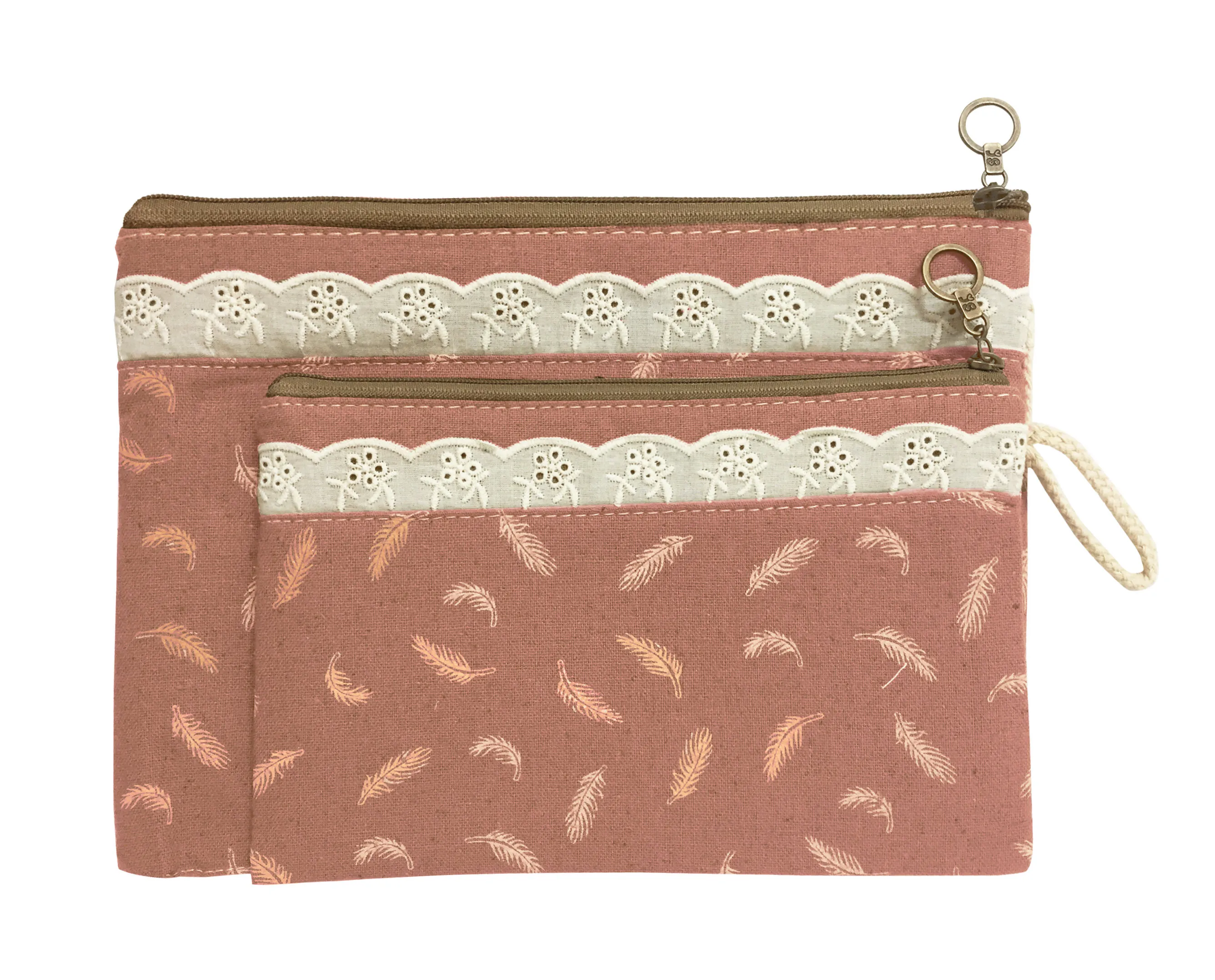 Bag of Small Things Fabric Multipurpose Pink Feather Travel Pouch - Set of 2