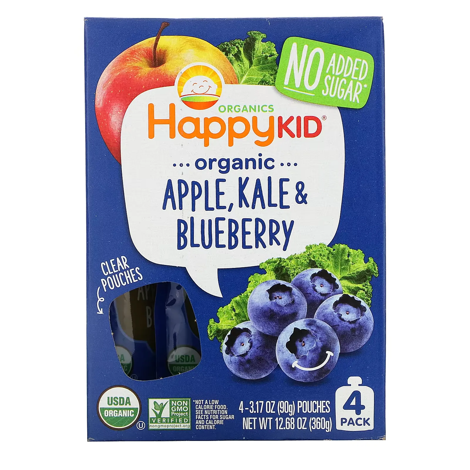 Happy Kid, Organic Apple, Kale, & Blueberry, 4 Pouches, 3.17 oz (90 g) Each