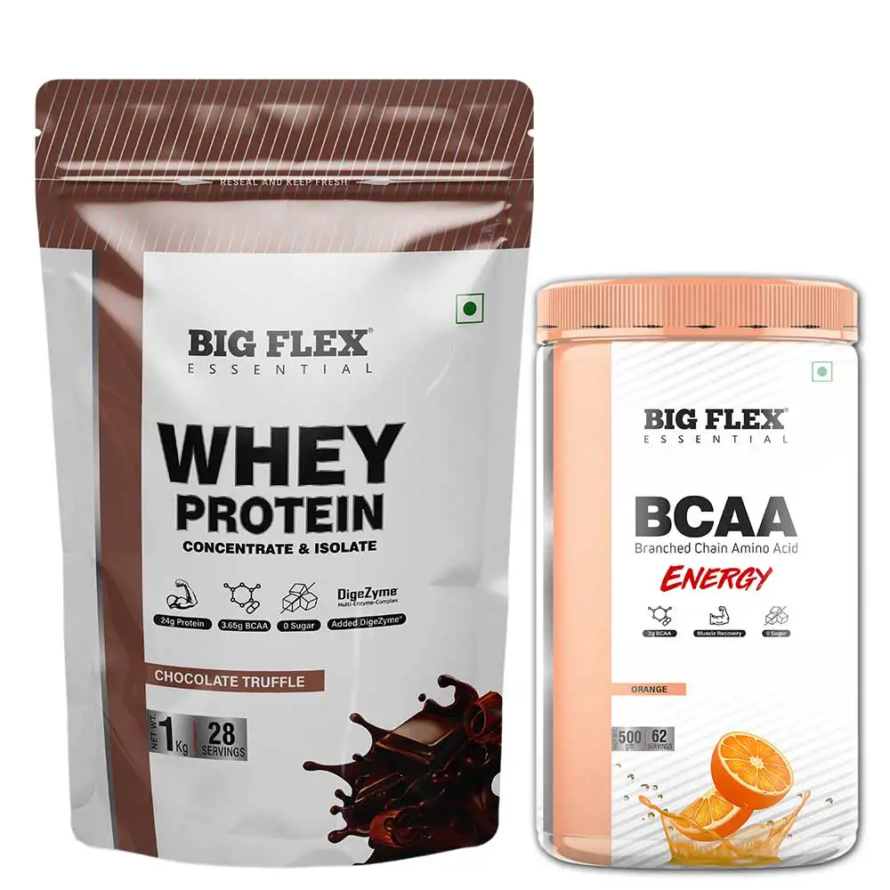 Big Flex Essential Whey Protein Concentrate & Isolate,  2.2 lb  Chocolate Truffle with Bigflex Essential Bcaa Energy Orange 500g