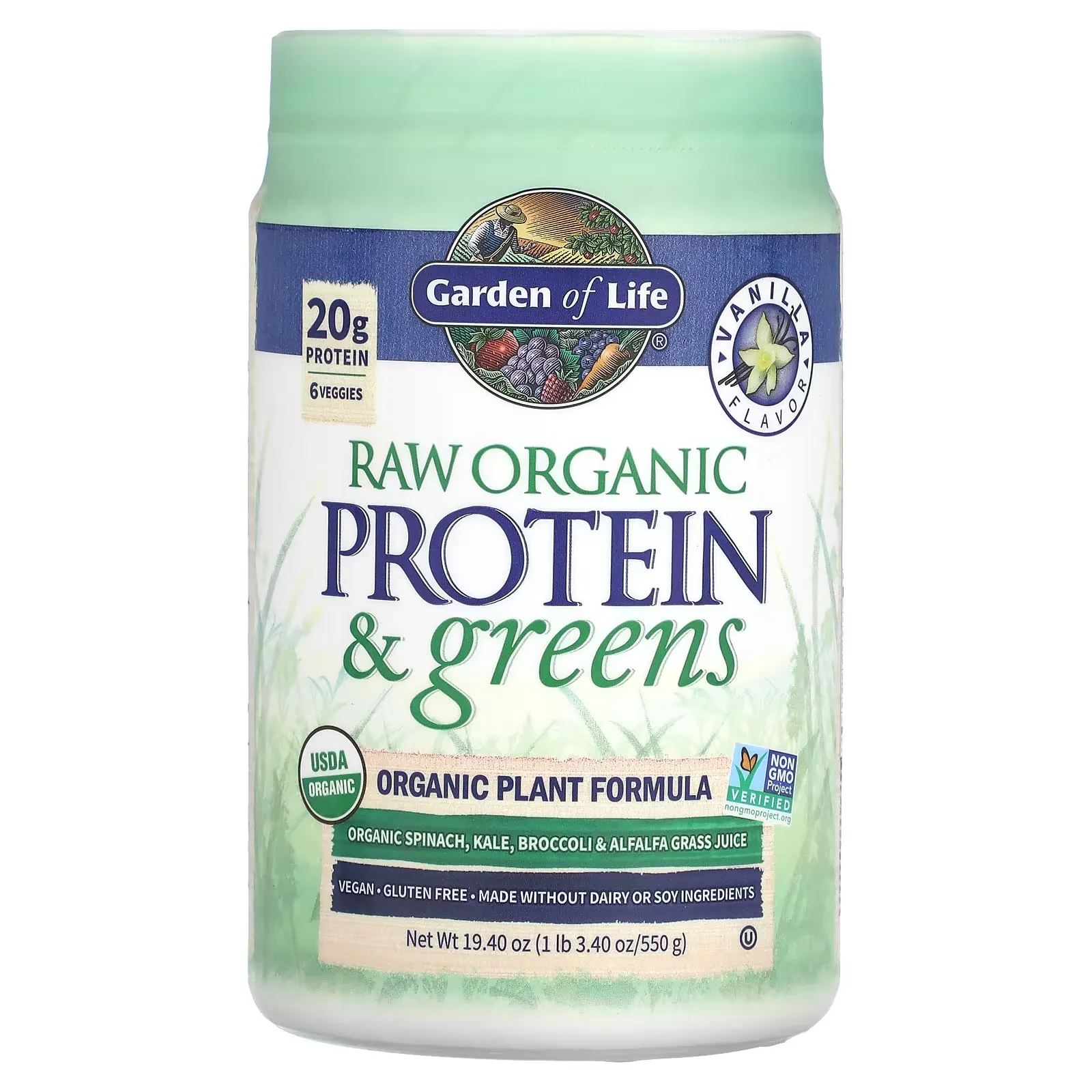 RAW Protein & Greens, Organic Plant Formula, Vanilla, 19.40 oz (550 g)