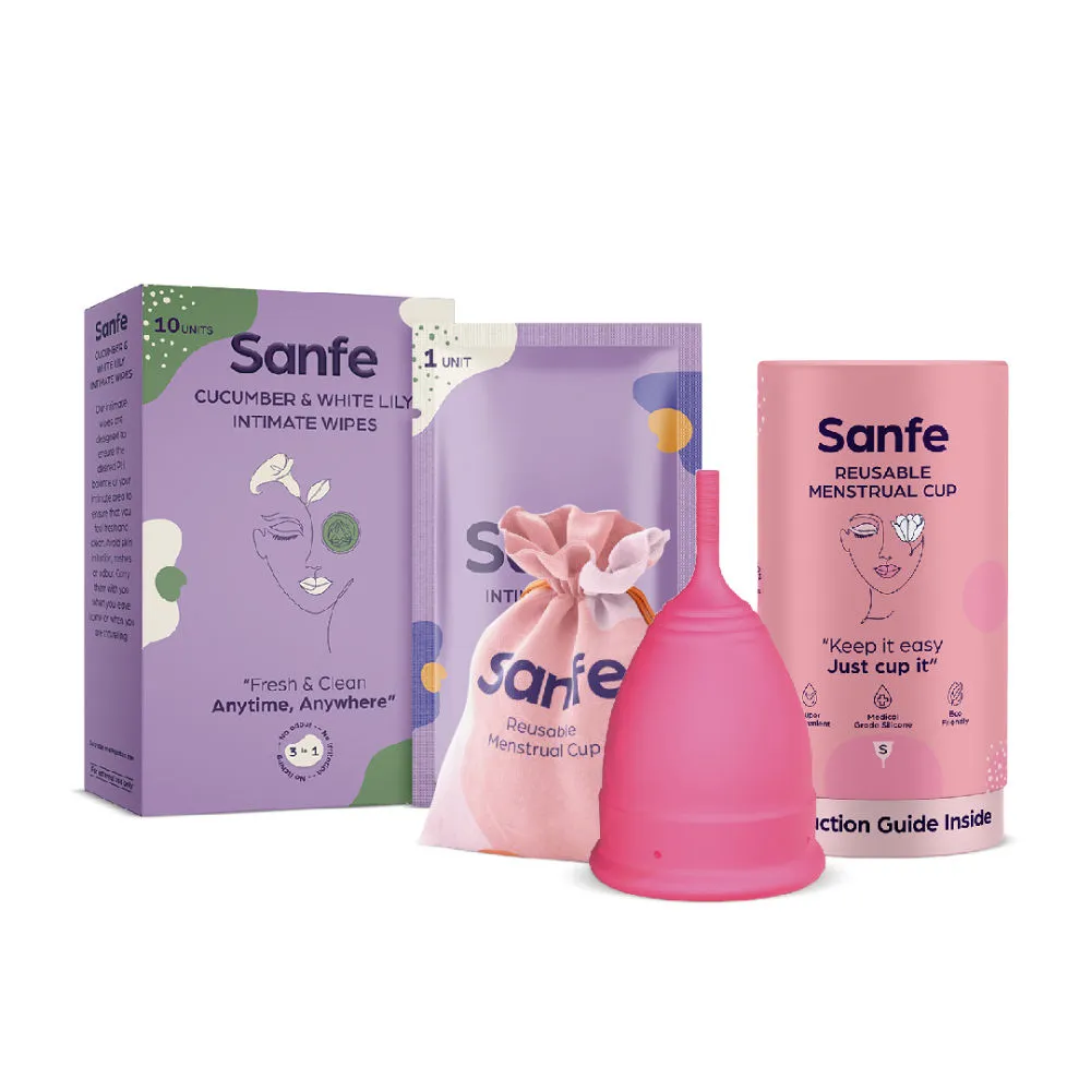 Sanfe Wonder Wander Set - Reusable Menstrual Cup Small and Cucumber & White Lily Intimate Wipes