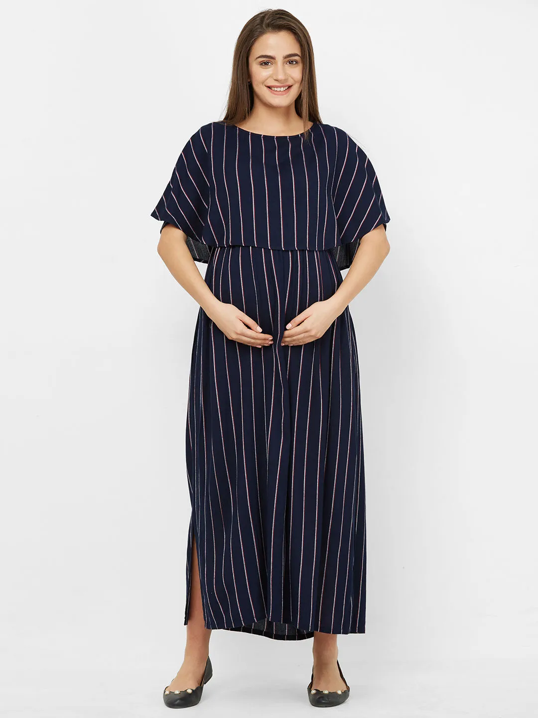 Mystere Paris Striped Maternity Maxi Dress - Blue