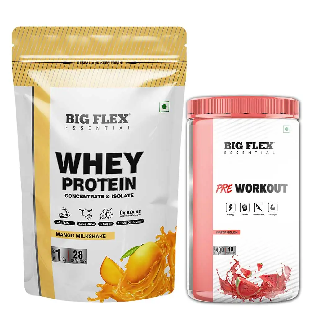 Big Flex Essential Whey Protein Concentrate & Isolate,  2.2 lb  Mango Milk Shake with Bigflex Essential Pre-Workout Watermelon 400g