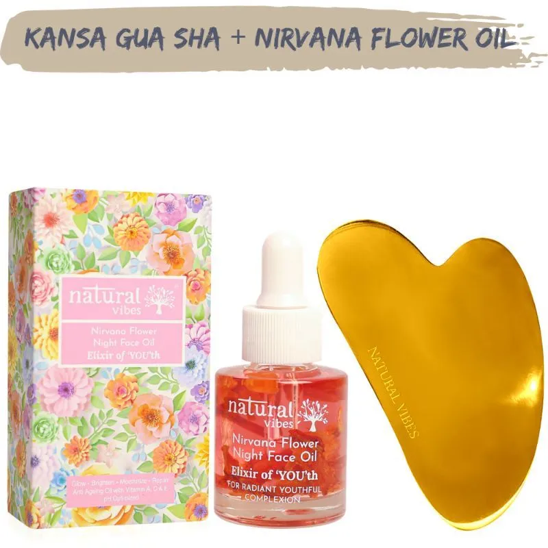 Natural Vibes Kwansha (kansa + Gua Sha) + Nirvana Anti Ageing Flower Oil