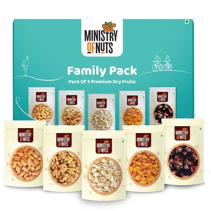 Ministry of Nuts Premium Dry Fruits - Pack Of 5 - Almonds, Walnuts, Pistachios, Raisins & Dates