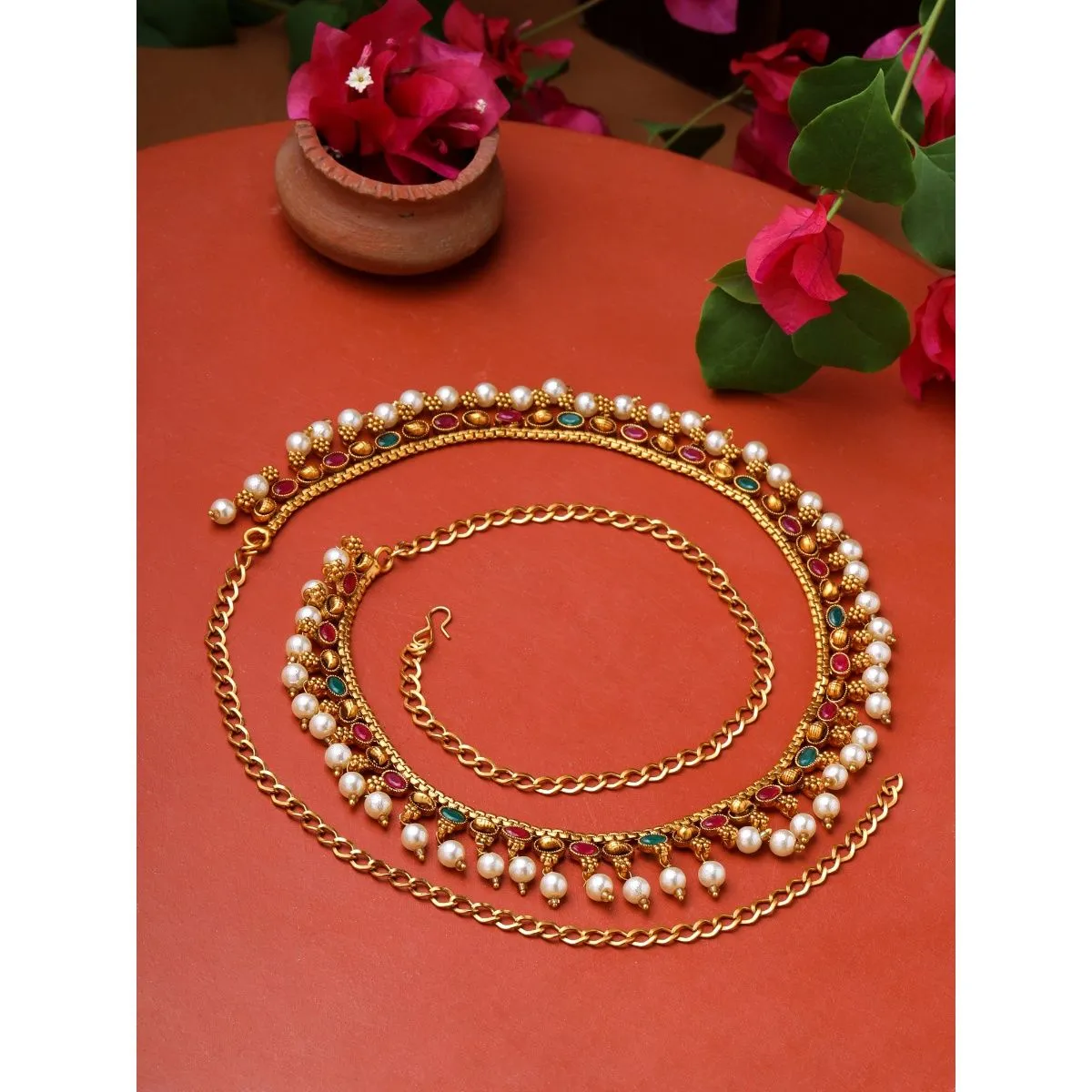 Yellow Chimes Gold Plated Multicolor Stone and Pearl Beaded Traditional Kamarbandh