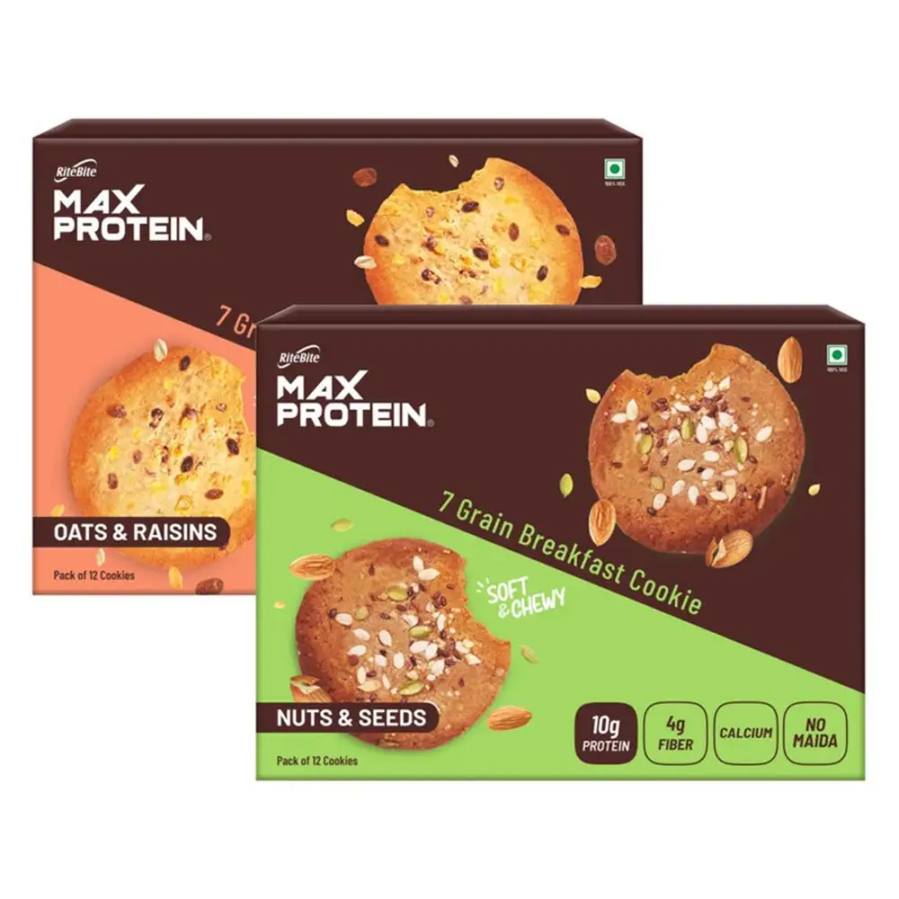 RiteBite Max Protein Cookies,  12 Piece(s)/Pack  Nuts & Seeds+Oats & Raisins Pack of 12