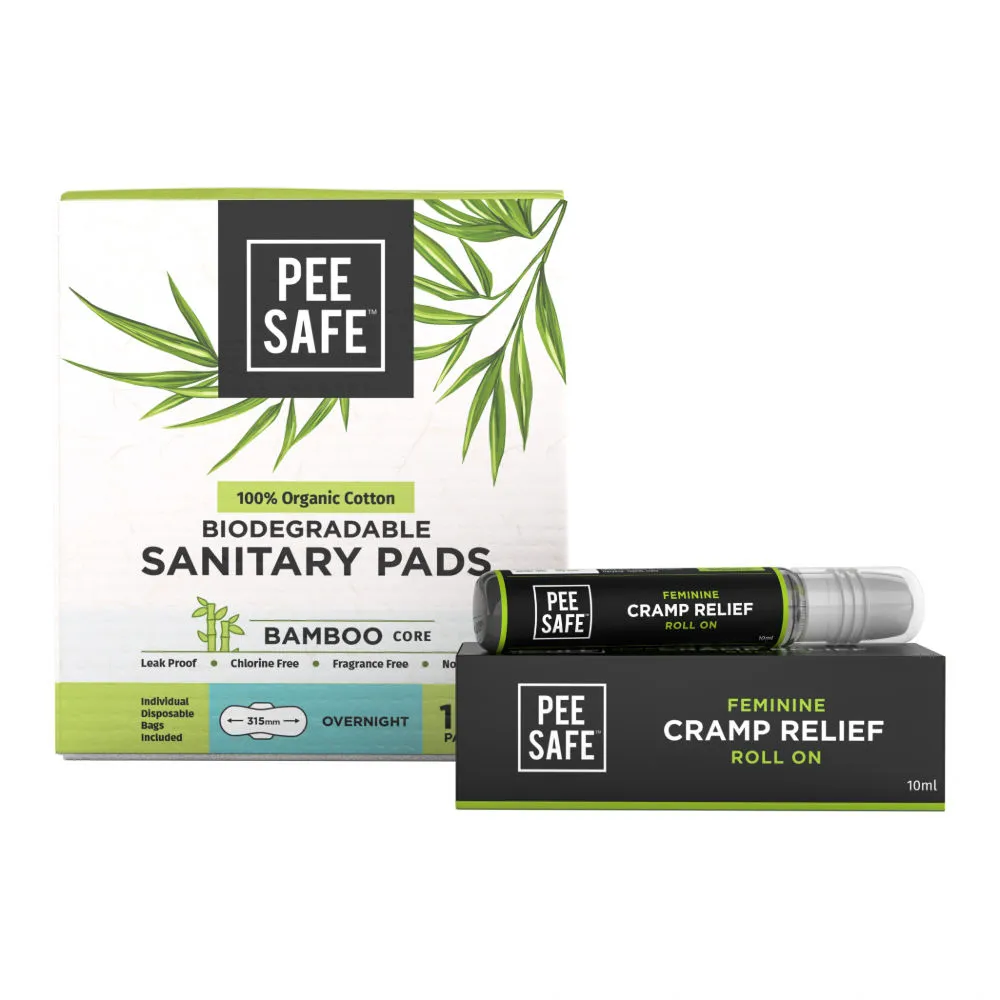 Pee Safe 100% Organic Cotton Sanitary Pads Overnight & Feminine Period Cramp Relief Roll On