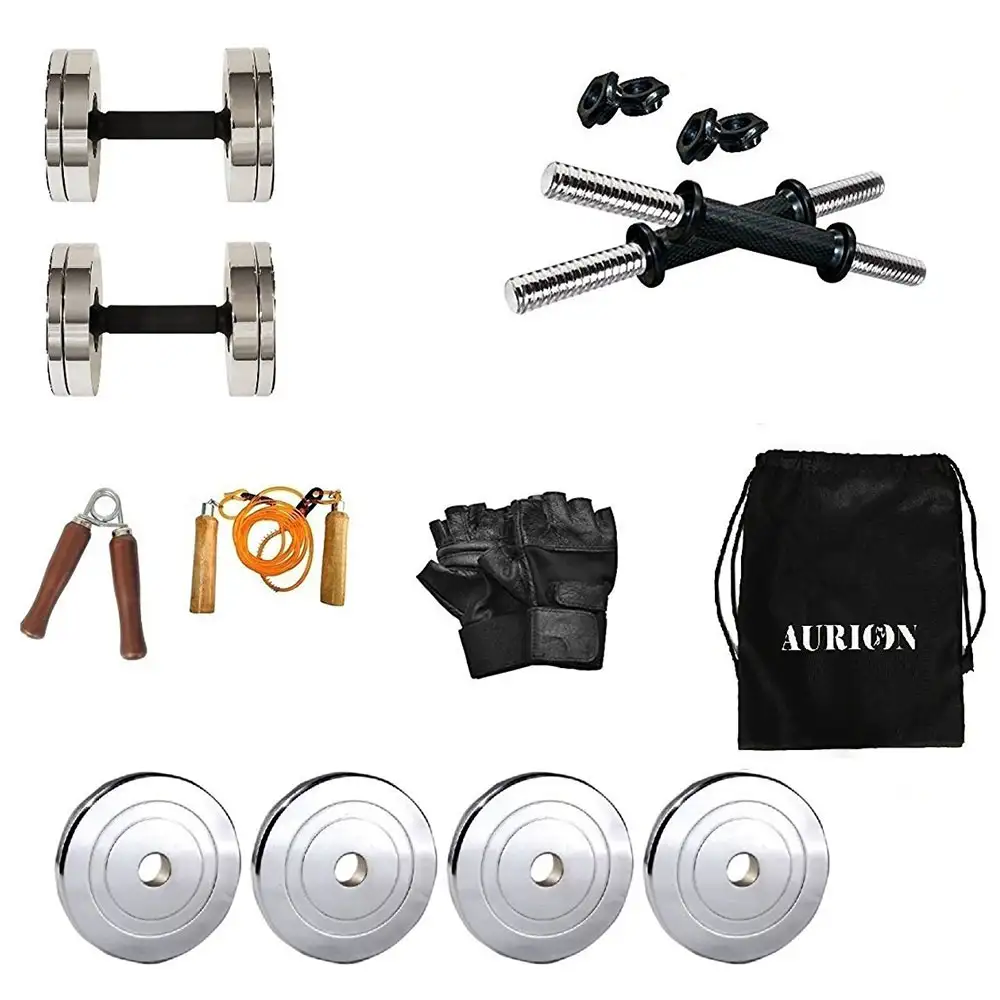 Aurion 8STEELCOMBO15 Chrome Steel Weight Plates Dumbbell Set and Home Gym Pack