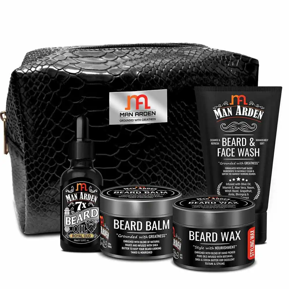 Man Arden The Dapper Dude Combo,  4 Piece(s)/Pack  Beard & Face Wash, 7X Beard Oil Royal Oud, Beard Balm, Beard Wax With Pouch