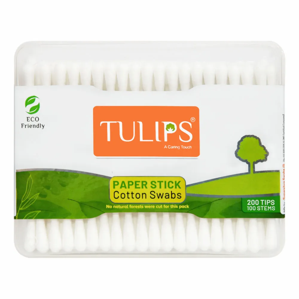 Tulips Cotton Ear Buds/ Swabs with White Paper Stick Jar (100/ 200 Tips in a Jar)